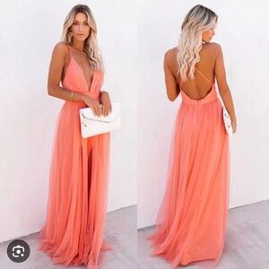 Luxxel Elegant Peach Coral Chiffon Deep V Neck A Line Evening Gown